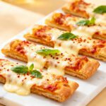 Crispy air fryer pizza sticks topped with melted mozzarella cheese, pizza sauce, and fresh basil