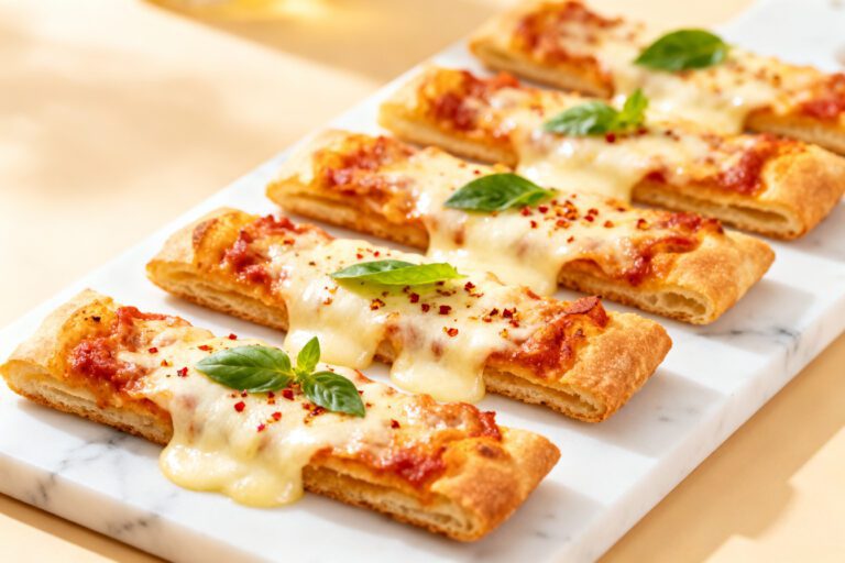 Crispy air fryer pizza sticks topped with melted mozzarella cheese, pizza sauce, and fresh basil