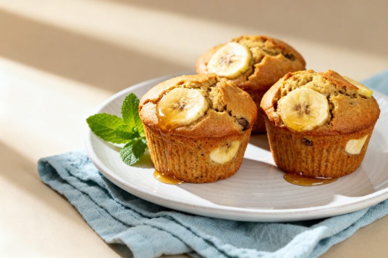 Moist air fryer banana muffins topped with fresh banana slices and baked until golden brown