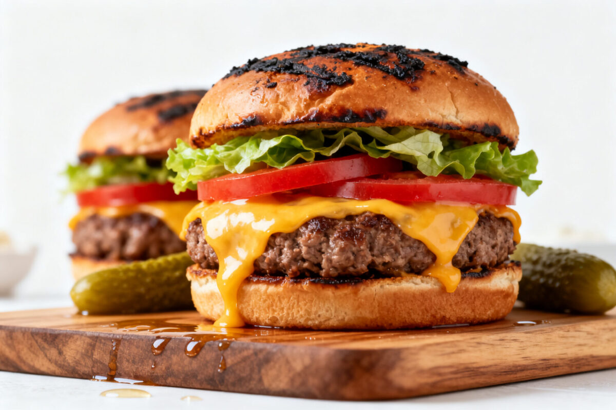 Juicy air fryer ground beef burgers topped with melted cheddar cheese, lettuce, and tomato on toasted buns
