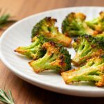 Crispy air fryer broccoli chips with golden roasted edges and tender centers served as a healthy snack