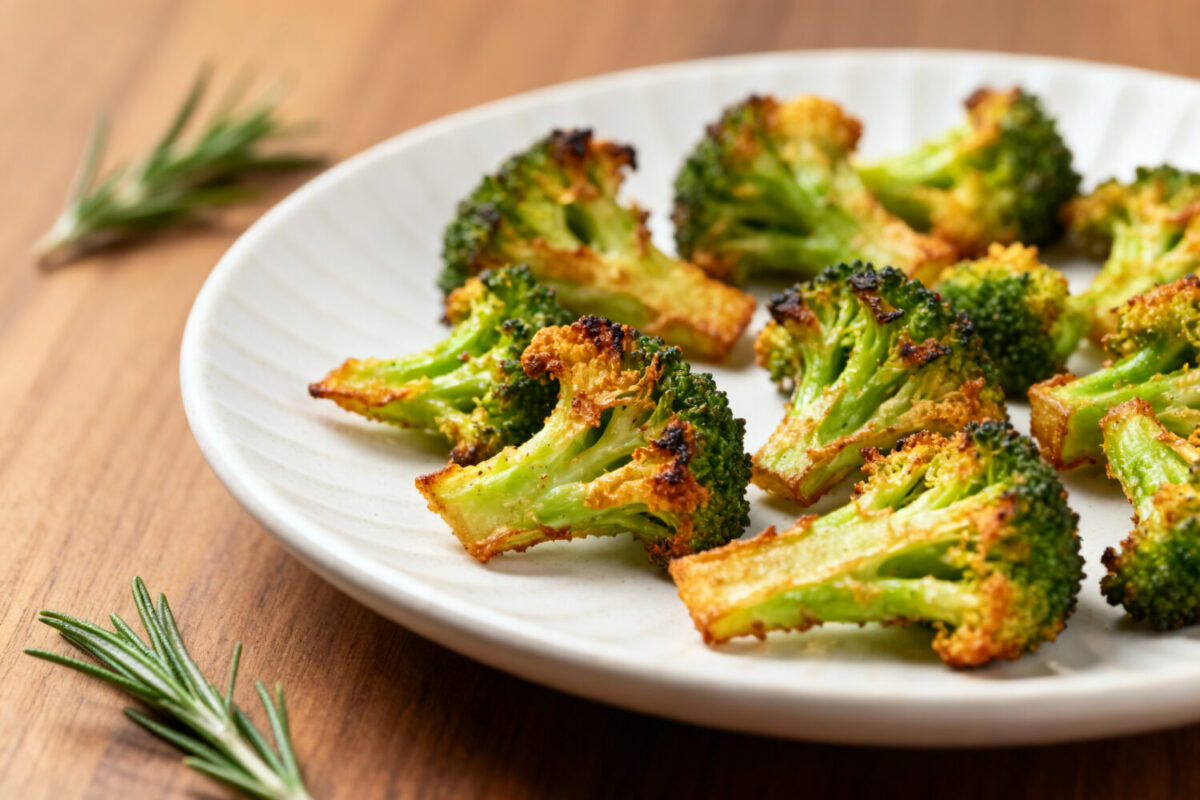 Crispy air fryer broccoli chips with golden roasted edges and tender centers served as a healthy snack