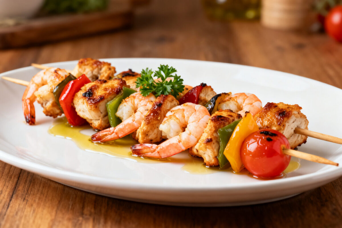 Air fryer chicken and shrimp kabobs with juicy grilled chicken, tender shrimp, and colorful vegetables on skewers