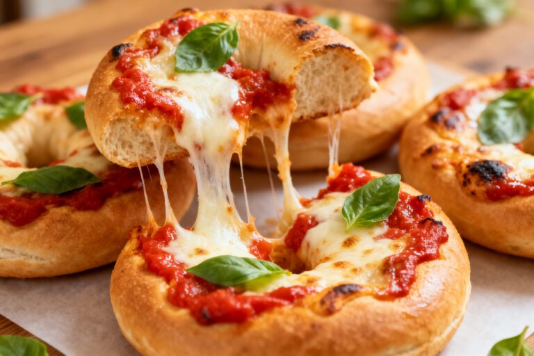 Homemade air fryer pizza bagels topped with melted mozzarella cheese, tomato sauce, and fresh basil
