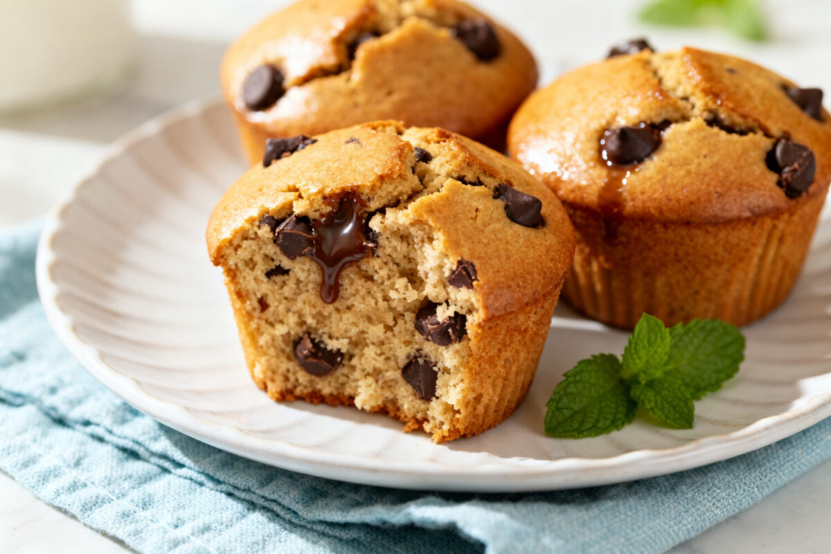 Soft air fryer chocolate chip muffins filled with melty chocolate chips and baked until golden brown