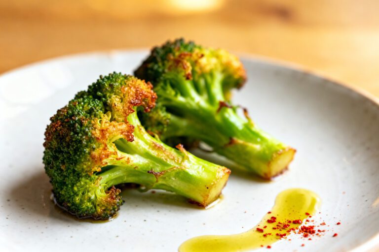 Fresh air fryer broccoli with crispy roasted edges, tender florets, and a light drizzle of olive oil