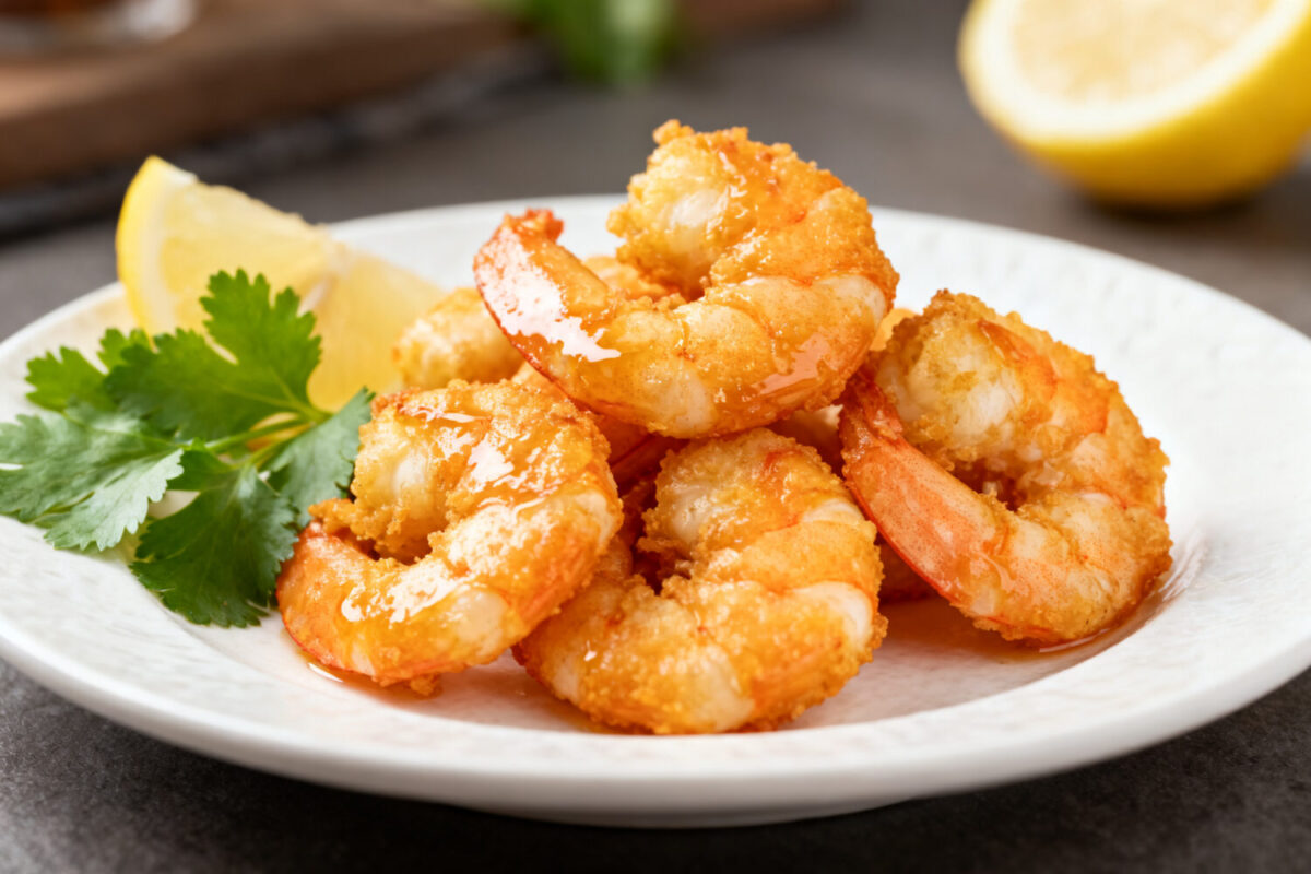 Asian air fryer shrimp with a crispy golden coating served with lemon wedges and fresh herbs