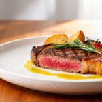 Juicy air fryer steak cooked to medium rare and served with rosemary, potatoes, and garlic butter