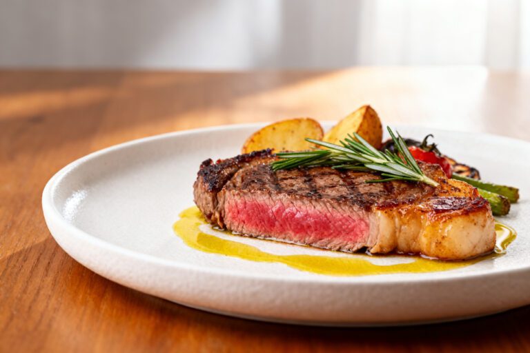Juicy air fryer steak cooked to medium rare and served with rosemary, potatoes, and garlic butter