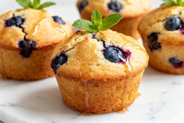 Soft air fryer blueberry muffins packed with juicy blueberries and finished with a light honey drizzle