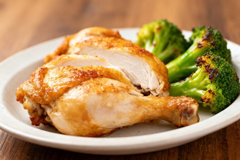 Air fryer chicken and broccoli with juicy roasted chicken and crispy tender broccoli florets