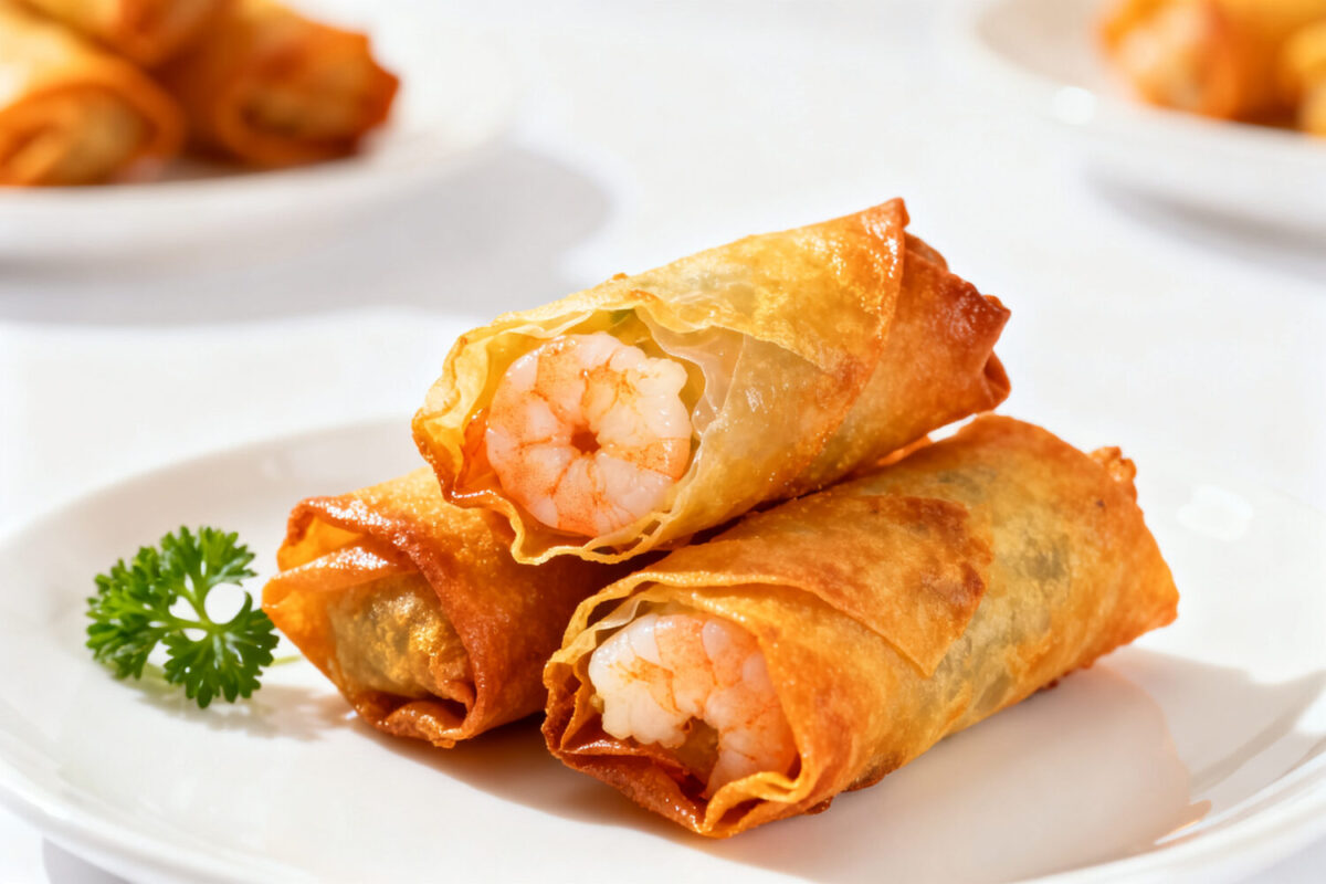 Crispy air fryer shrimp egg rolls filled with juicy shrimp and savory vegetables wrapped in a golden shell