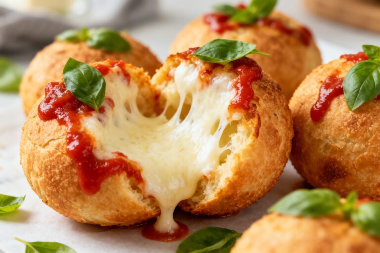 Crispy air fryer pizza balls stuffed with melted mozzarella cheese and topped with pizza sauce and basil