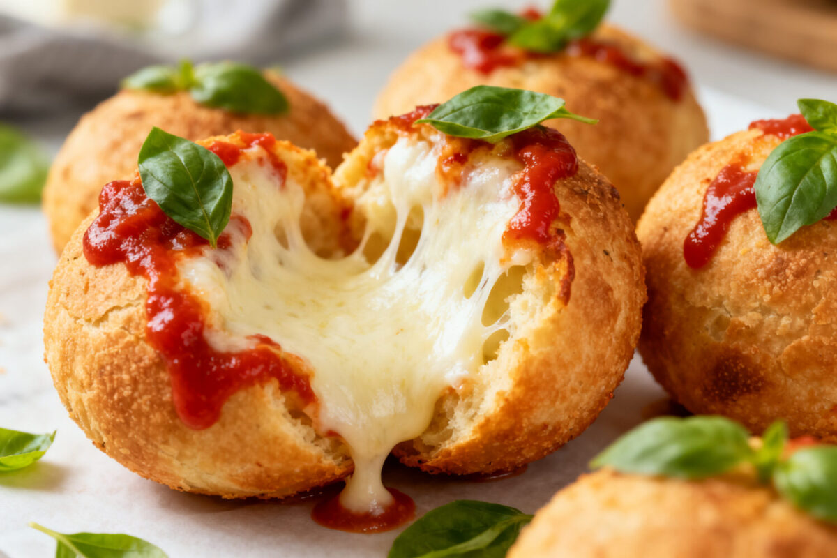 Crispy air fryer pizza balls stuffed with melted mozzarella cheese and topped with pizza sauce and basil