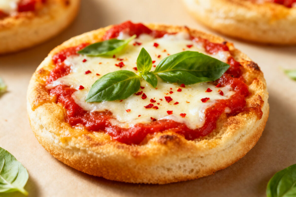 Air fryer English muffin pizza topped with melted mozzarella cheese, tomato sauce, and fresh basil
