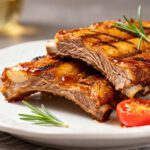 Tender air fryer beef ribs glazed with barbecue sauce and served with roasted tomatoes and fresh rosemary