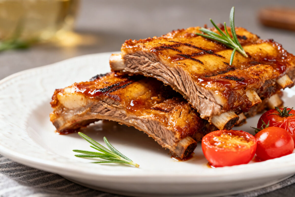 Tender air fryer beef ribs glazed with barbecue sauce and served with roasted tomatoes and fresh rosemary