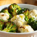 Air fryer broccoli and cauliflower with crispy roasted edges, tender florets, and simple seasonings