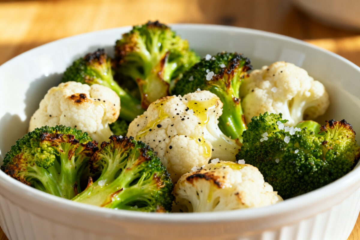 Air fryer broccoli and cauliflower with crispy roasted edges, tender florets, and simple seasonings