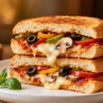 Crispy air fryer pizza sandwich loaded with melted mozzarella cheese, vegetables, and savory pizza toppings