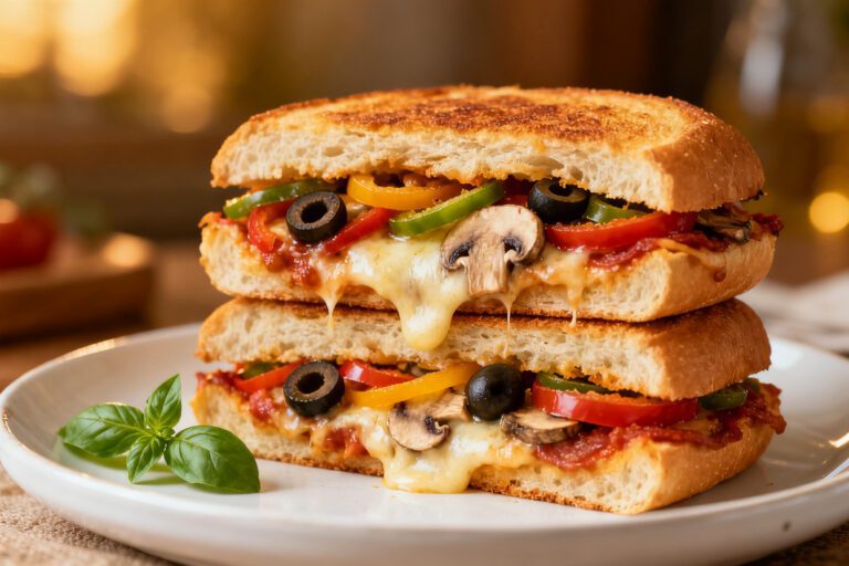 Crispy air fryer pizza sandwich loaded with melted mozzarella cheese, vegetables, and savory pizza toppings