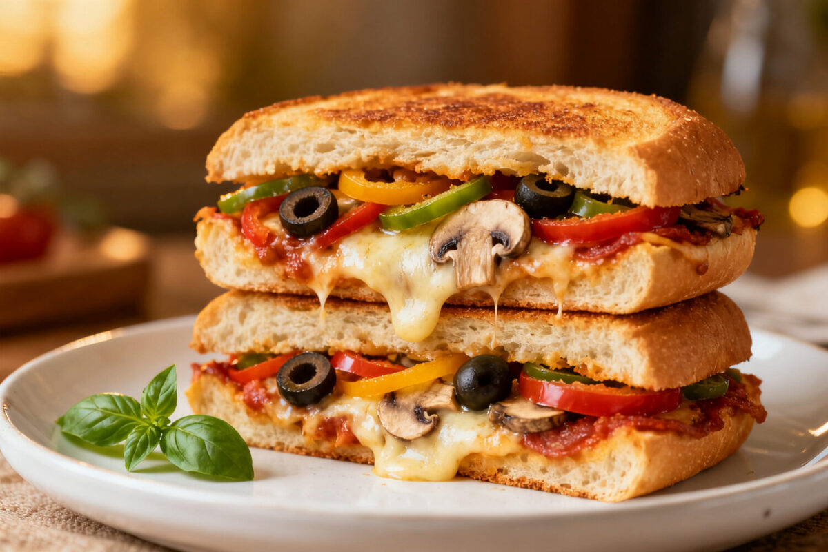 Crispy air fryer pizza sandwich loaded with melted mozzarella cheese, vegetables, and savory pizza toppings