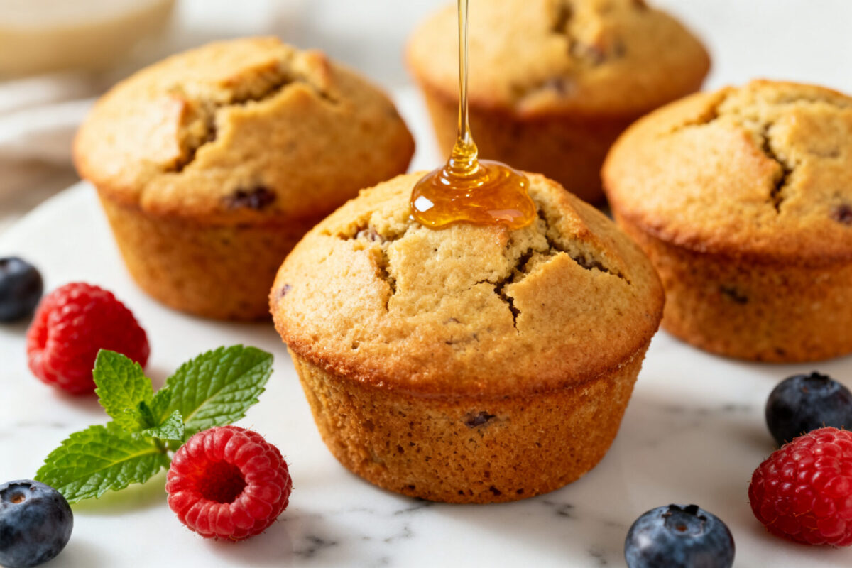 Healthy air fryer muffins with a soft fluffy texture, mixed berries, and a light honey drizzle