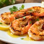 Juicy air fryer grilled shrimp with light char marks served with lemon wedges and fresh herbs