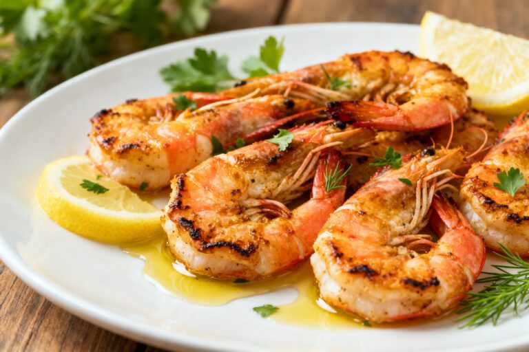 Juicy air fryer grilled shrimp with light char marks served with lemon wedges and fresh herbs