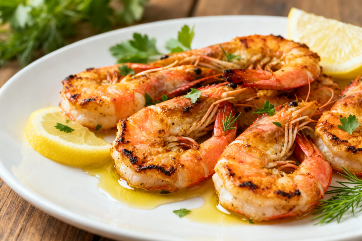 Juicy air fryer grilled shrimp with light char marks served with lemon wedges and fresh herbs