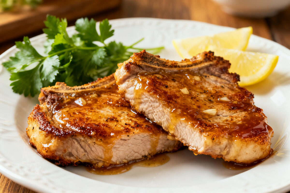 Juicy air fryer honey garlic pork chops glazed with a sweet savory sauce and served with fresh lemon wedges