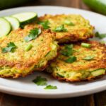 Crispy vegan air fryer zucchini fritters made with shredded zucchini and fresh herbs, cooked until golden brown