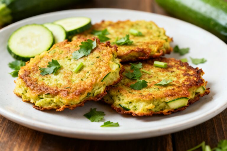 Crispy vegan air fryer zucchini fritters made with shredded zucchini and fresh herbs, cooked until golden brown