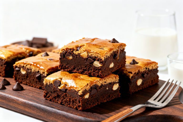 Fudgy air fryer protein brownies packed with chocolate chips and nuts, stacked on a wooden board