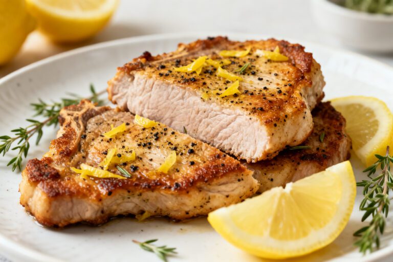 Juicy air fryer lemon pepper pork chops seasoned with cracked pepper, fresh lemon zest, and herbs