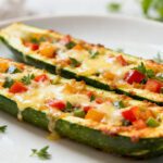 Air fryer zucchini boats filled with melted cheese, colorful bell peppers, and savory seasonings