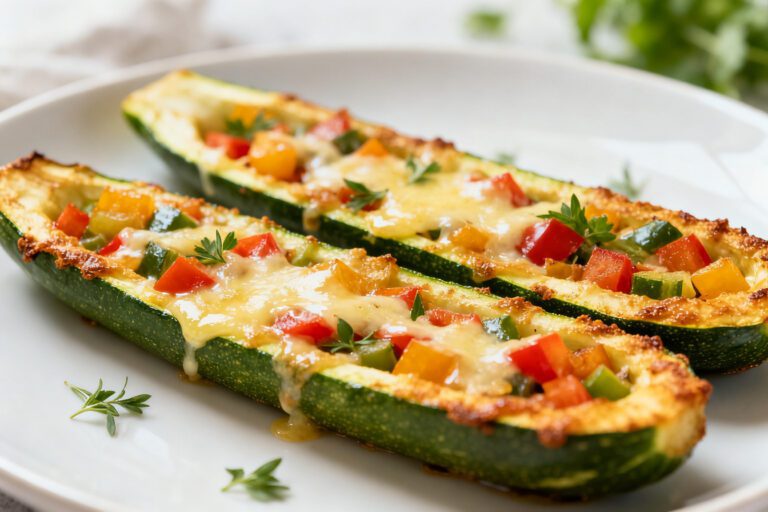 Air fryer zucchini boats filled with melted cheese, colorful bell peppers, and savory seasonings