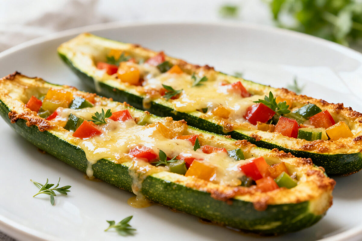 Air fryer zucchini boats filled with melted cheese, colorful bell peppers, and savory seasonings