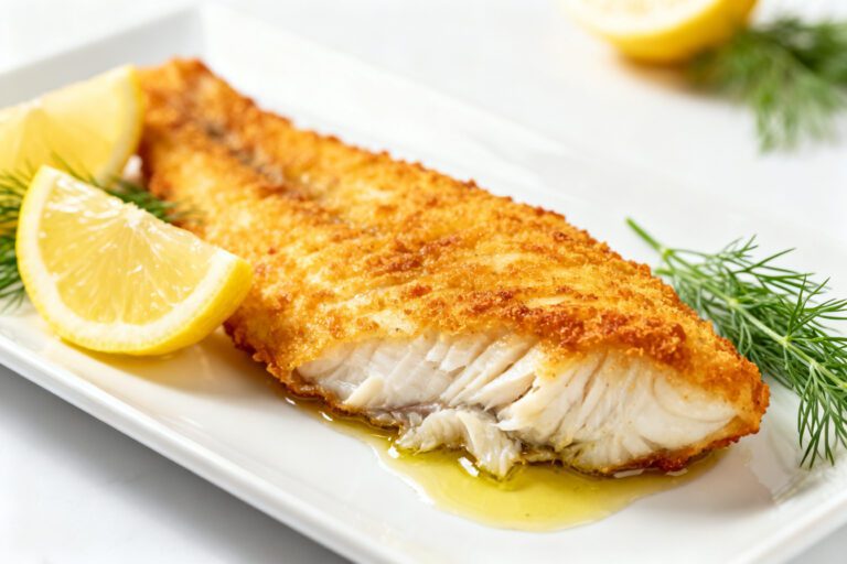 Healthy air fryer cod with a crispy golden coating, flaky white fish, and fresh lemon wedges