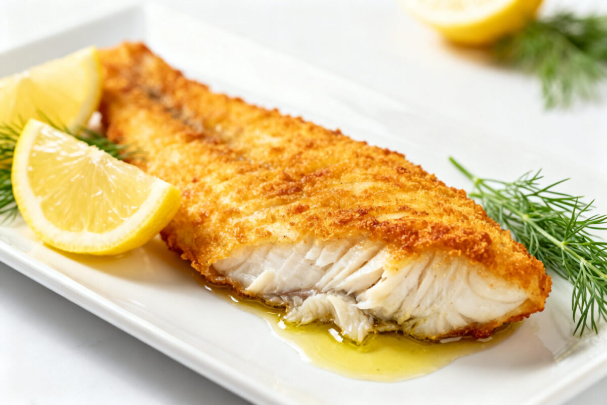 Healthy air fryer cod with a crispy golden coating, flaky white fish, and fresh lemon wedges