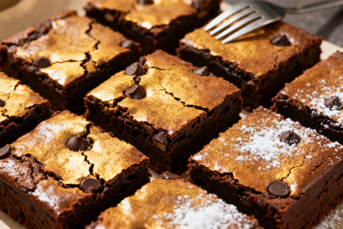 Fudgy air fryer box brownies with crackly tops, rich chocolate flavor, and chocolate chips throughout