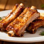 Tender air fryer boneless pork ribs with a caramelized glaze, juicy meat, and roasted herbs