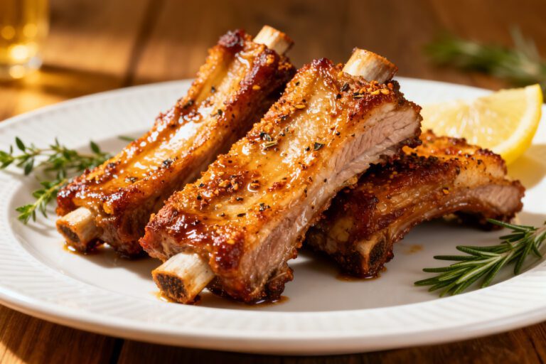 Tender air fryer boneless pork ribs with a caramelized glaze, juicy meat, and roasted herbs
