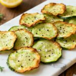 Crispy air fryer zucchini chips with golden edges, light seasoning, and a crunchy texture