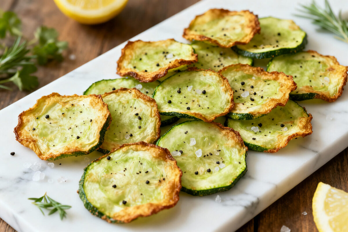 Crispy air fryer zucchini chips with golden edges, light seasoning, and a crunchy texture