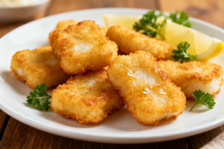Crispy air fryer cod nuggets with a golden crunchy coating, flaky fish, and fresh lemon wedges