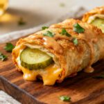Crispy air fryer pickle wraps filled with dill pickles, melted cheese, and wrapped in a golden crunchy shell
