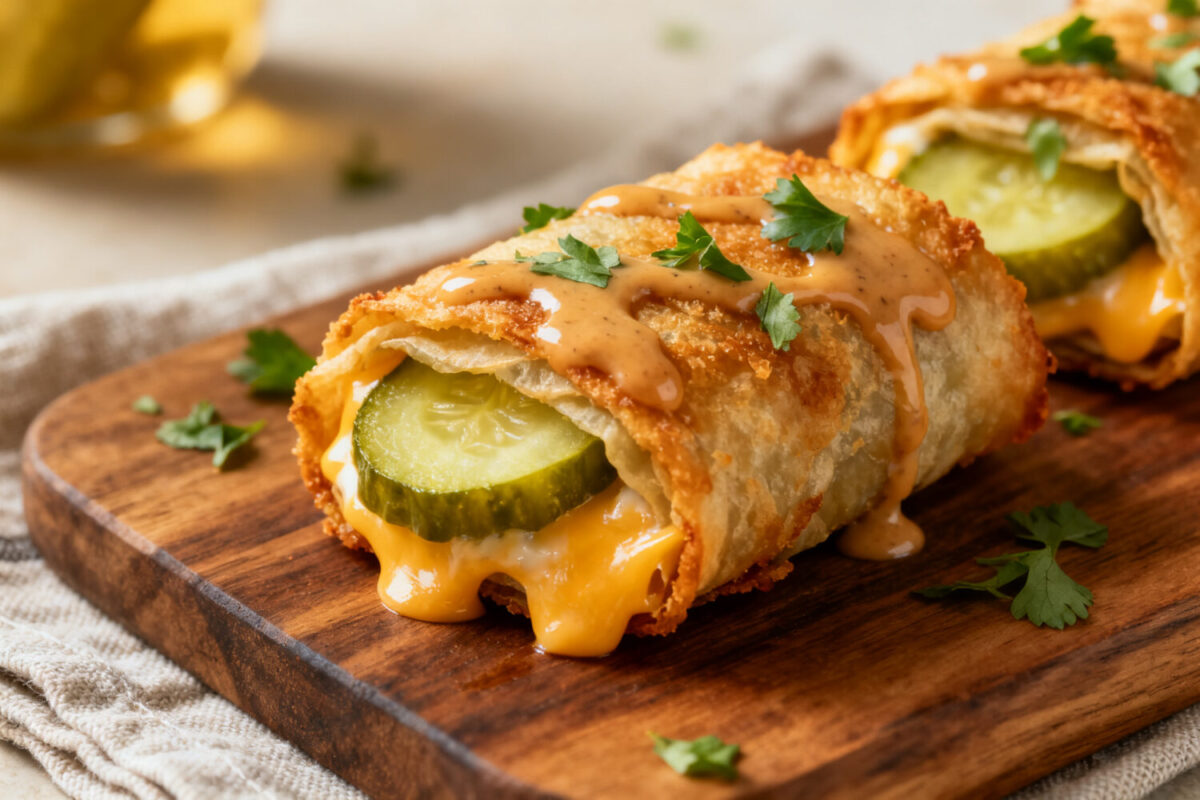 Crispy air fryer pickle wraps filled with dill pickles, melted cheese, and wrapped in a golden crunchy shell