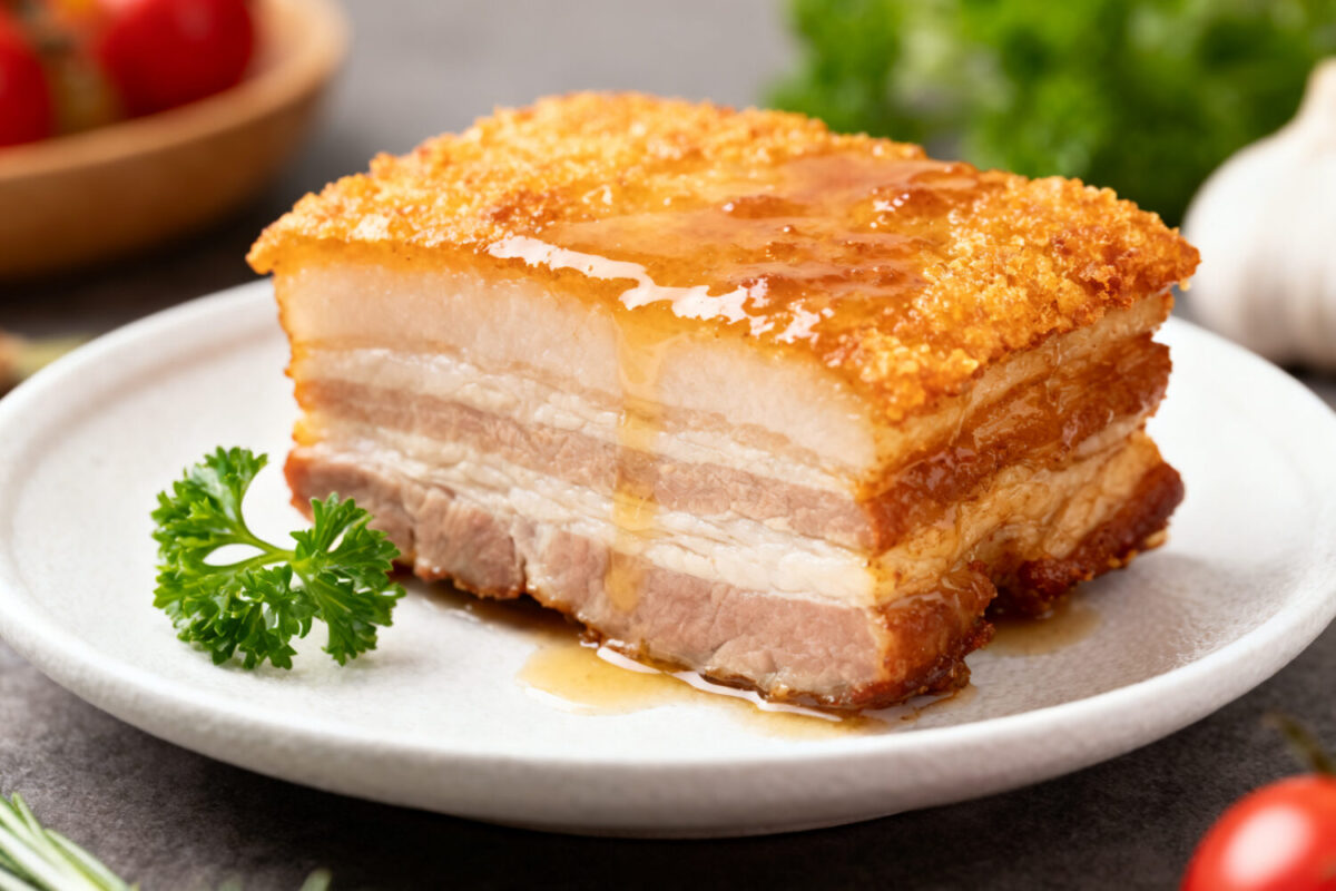 Crispy air fryer pork belly with crackling skin, juicy layers of meat, and rich savory flavor