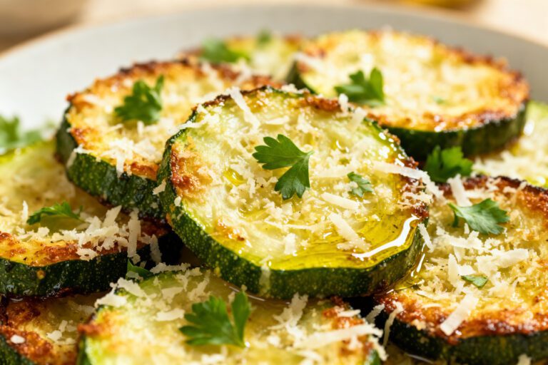 Crispy air fryer parmesan zucchini slices topped with melted parmesan cheese and fresh herbs